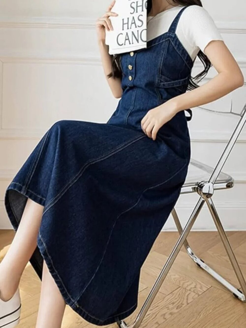 Smocked Button Decor Dark Wash Denim Tie-Up Midi-Maxi Dress
